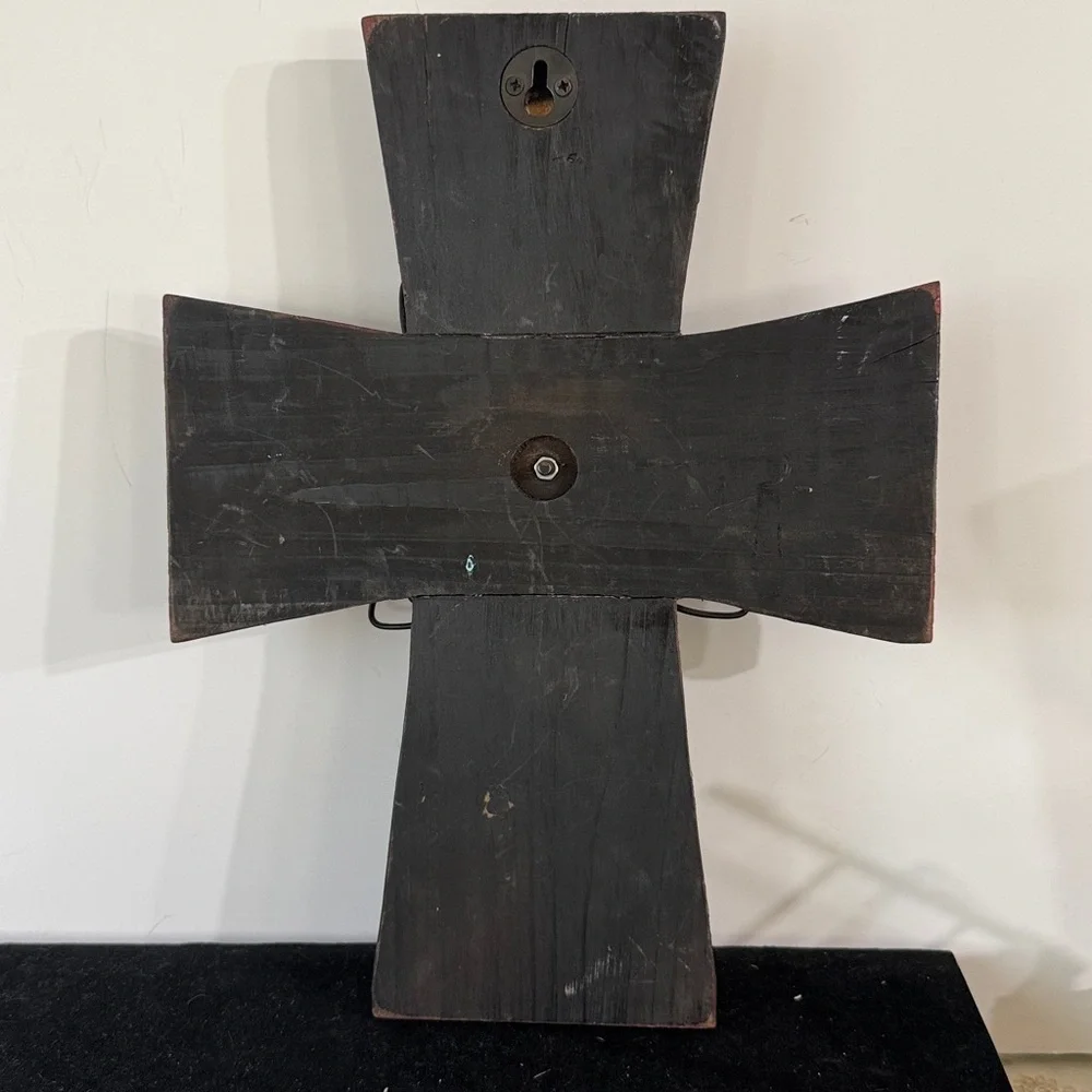 Rustic Red Wooden Cross with Recycled Metal Flower Farmhouse Style